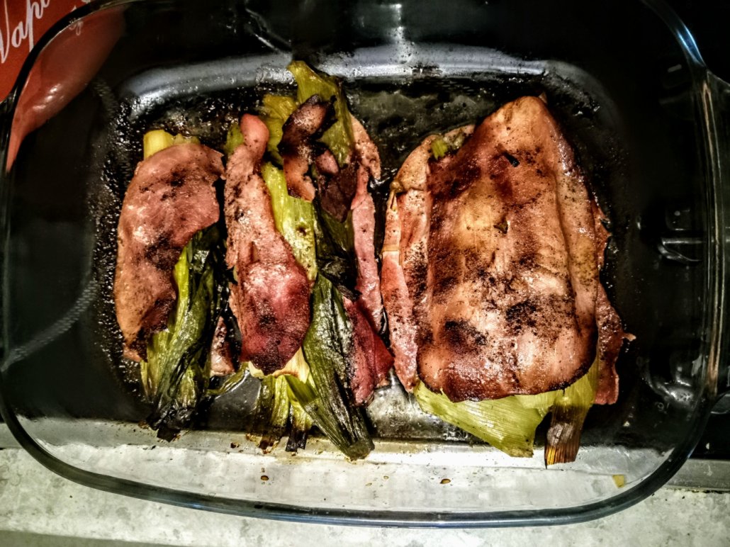 Steamed leeks wrapped in ham Going Postal