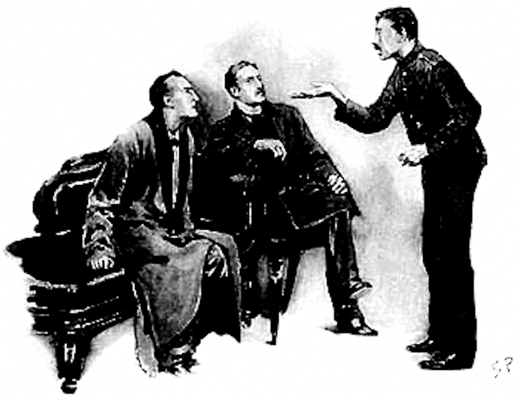 Holmes and Watson interrogate the night watchman.