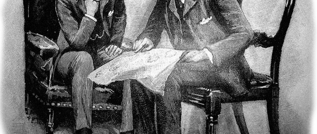 Holmes reading a newspaper with Watson